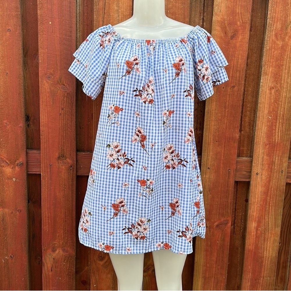 Purple Snow Blue Gingham Floral Off Shoulder Shift Mini Dress Flutter Sleeve XL